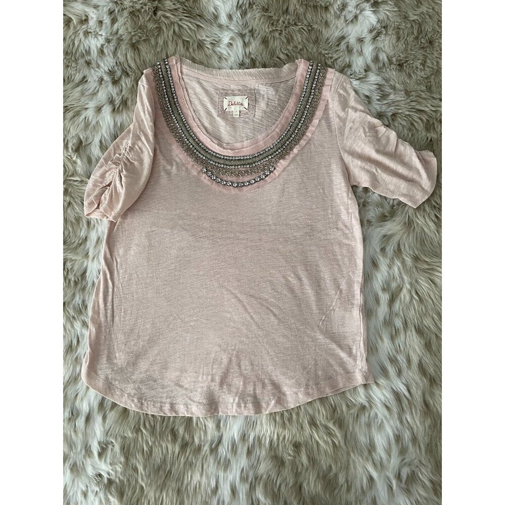 Anthropologie Elegant "Jewelscape Tee" by Deletta in Pale Pink, Beaded Small